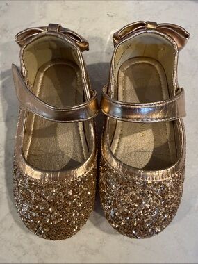 Cat & Jack Metallic Rose Gold Glitter Bow Mary Janes
